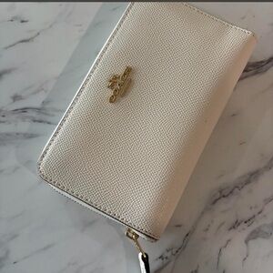 Coach Cream Saffiano Leather Zip Around Wallet with Gold Logo